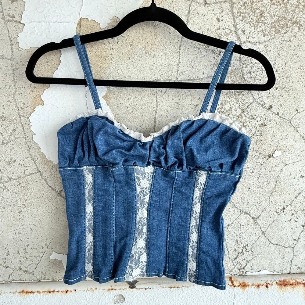 Corset Top Denim Bustier Camisole Tank Lace Trim Y2K Coquette Festival I.AM.GIA
